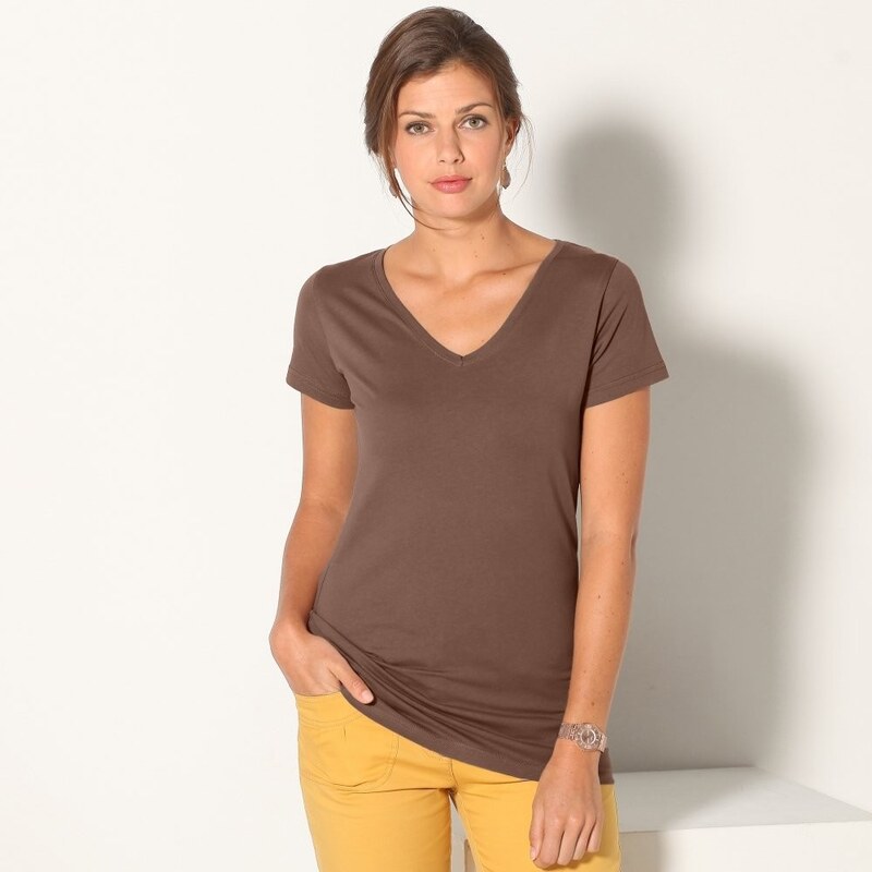 Blancheporte Jednobarevné tričko s výstřihem do "V" čokoládová