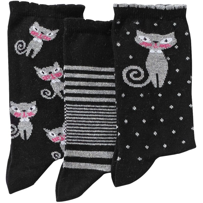 Blancheporte Ponožky s kočičkou, sada 3 párů černá