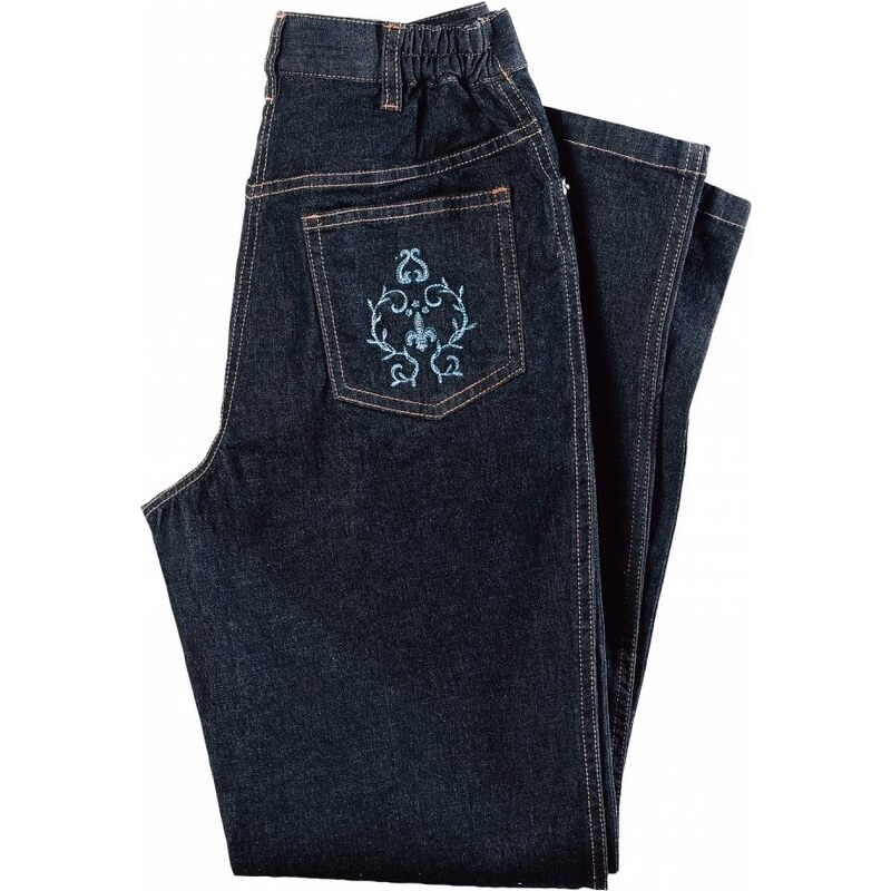 Blancheporte Džínové kalhoty s výšivkou, vyšší postava modrá