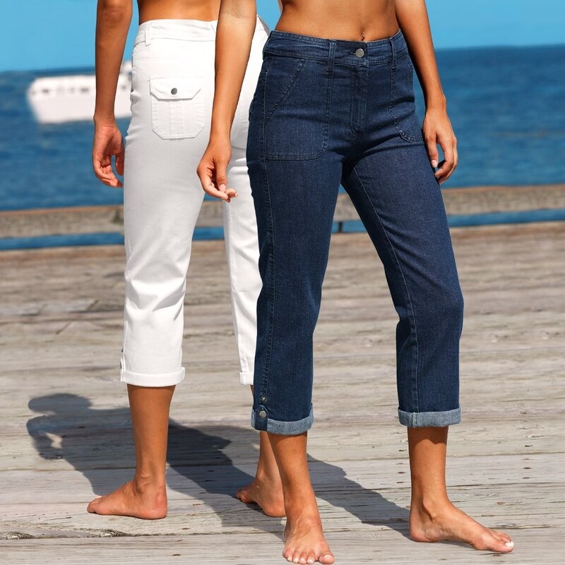 Blancheporte Džínové 3/4 kalhoty s ohrnutím, sada 2 ks modrá+bílá