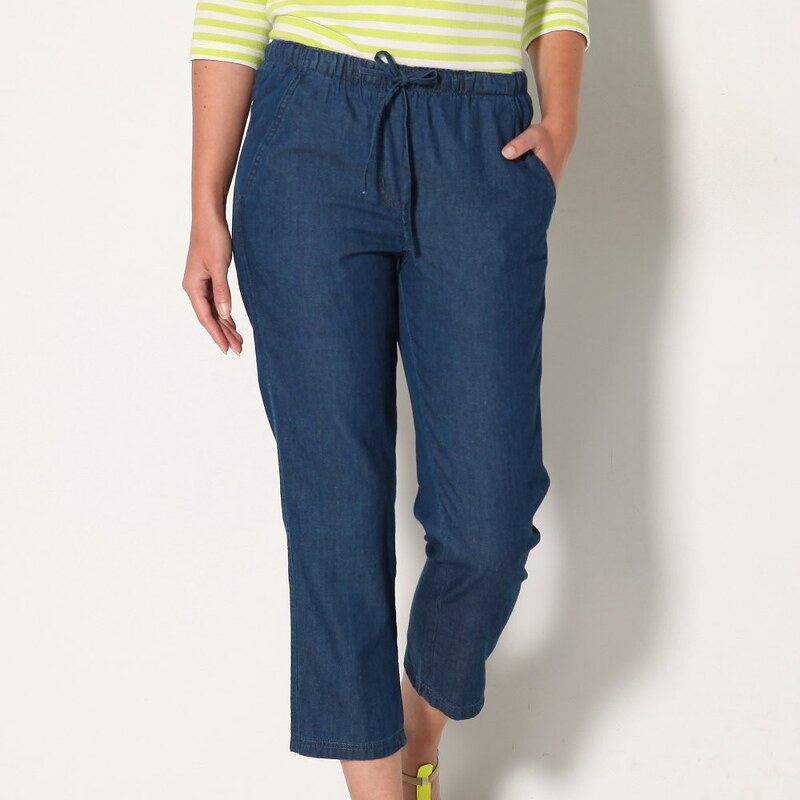 Blancheporte 3/4 denimové kalhoty s elastickým pasem modrá