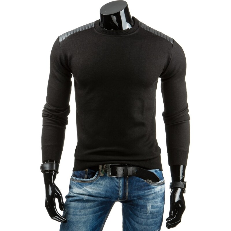 Moderní krásný černý svetr s koženými doplňky