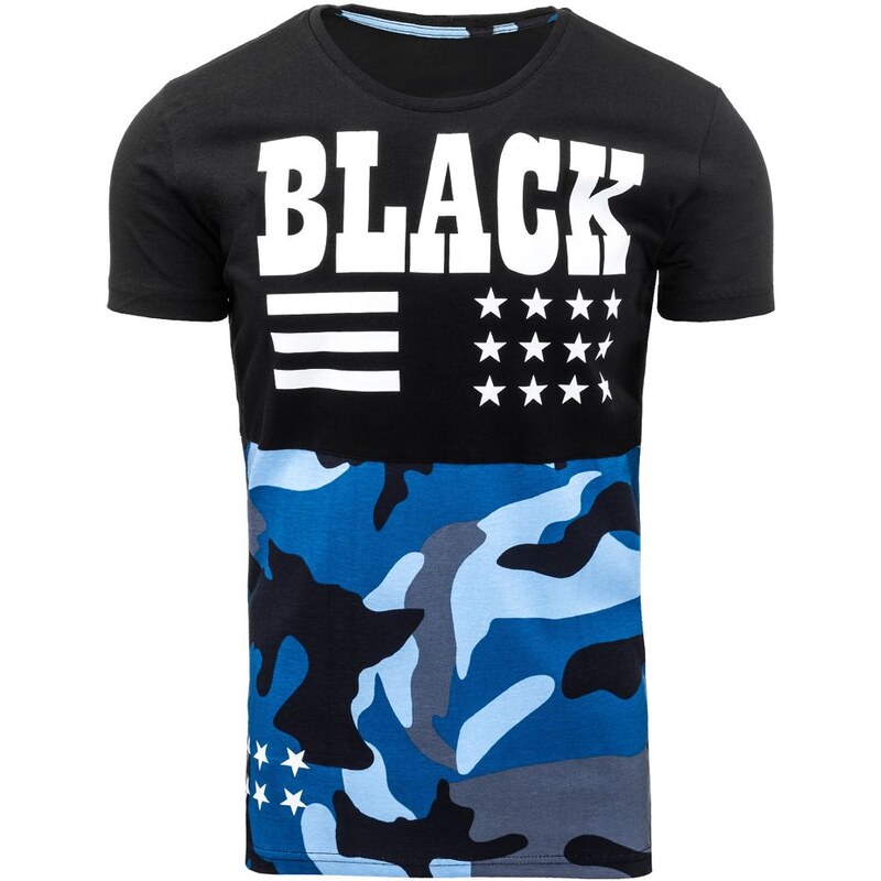 Černé pánské tričko BLACK s modrým maskáčovým vzorem