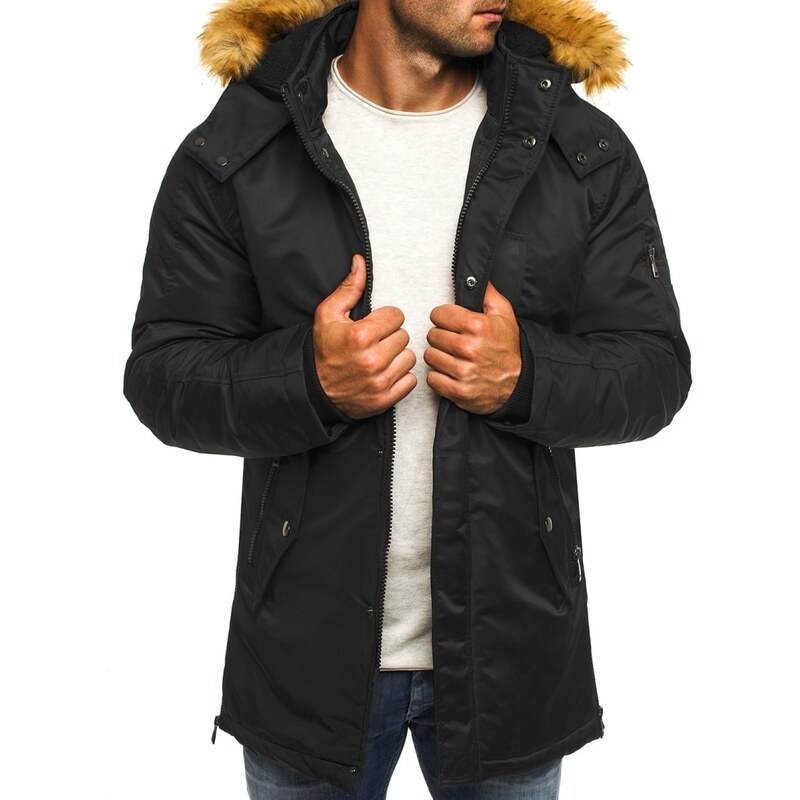 J. Style Stylová černá bunda s kapucí a kožešinou J.STYLE 3097