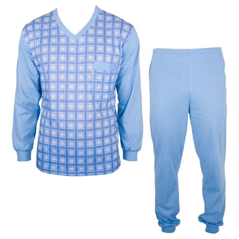 Pánské Dlouhé Pyžamo Foltýn Světle Modrá Kostka