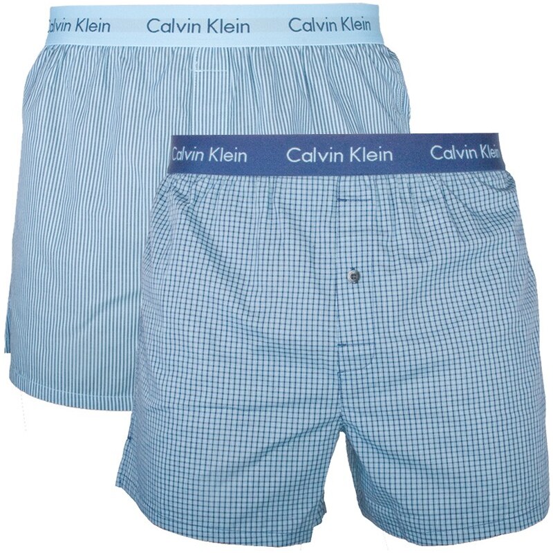 2PACK Pánské Trenýrky Calvin Klein Boxers Slim Fit Blue Stripes / Plaid