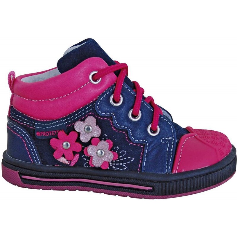 Protetika Dívčí kožené kotníkové boty Helen s kytičkami - růžovo-modré