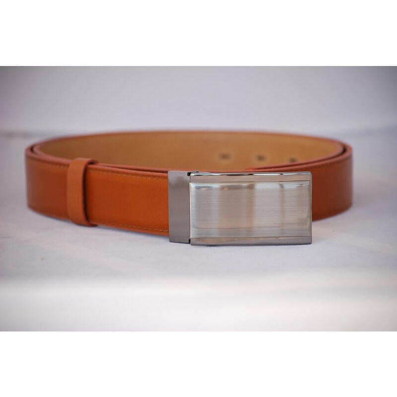 Penny Belts Pánský oranžovo hnědý kožený pásek plná spona LM1