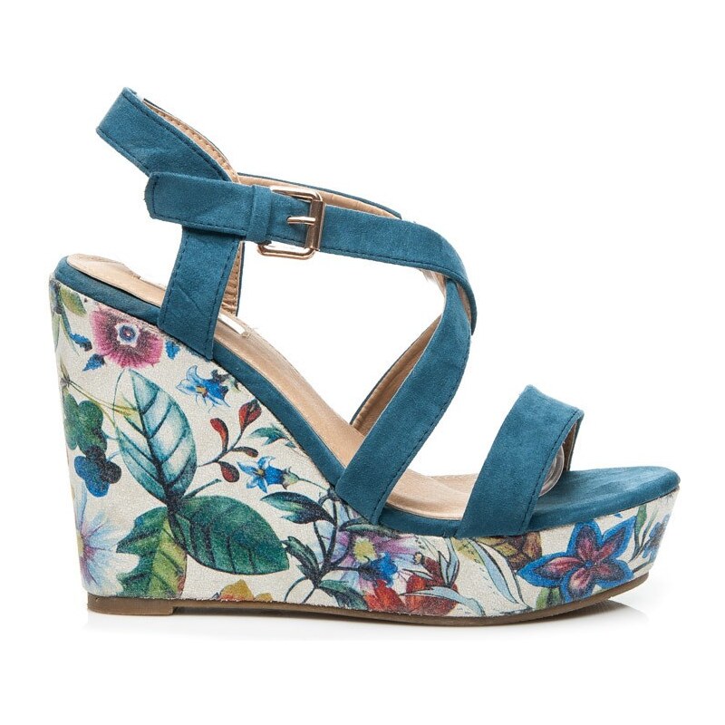 BELLUCCI Dámske modré sandále na platforme s květinovým vzorem