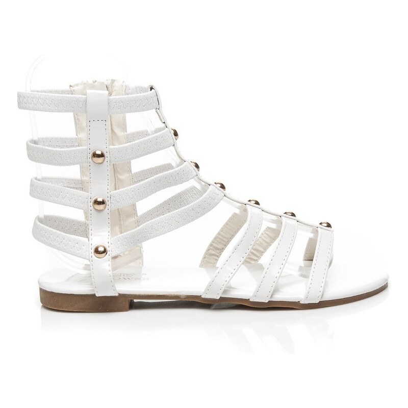 CLOWSE Luxusní bílé sandálky z tenkých efektních pásků zdobeny cvočky