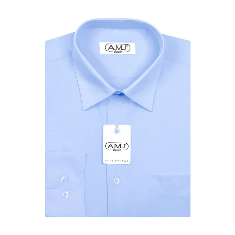 Pánská košile AMJ jednobarevná JDP046, azurová, dlouhý rukáv, prodloužená délka