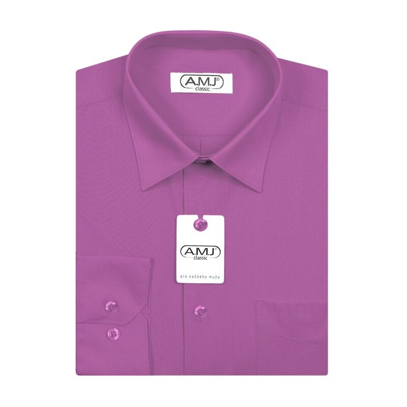 Pánská košile AMJ jednobarevná JDP081, fuchsie, dlouhý rukáv, prodloužená délka