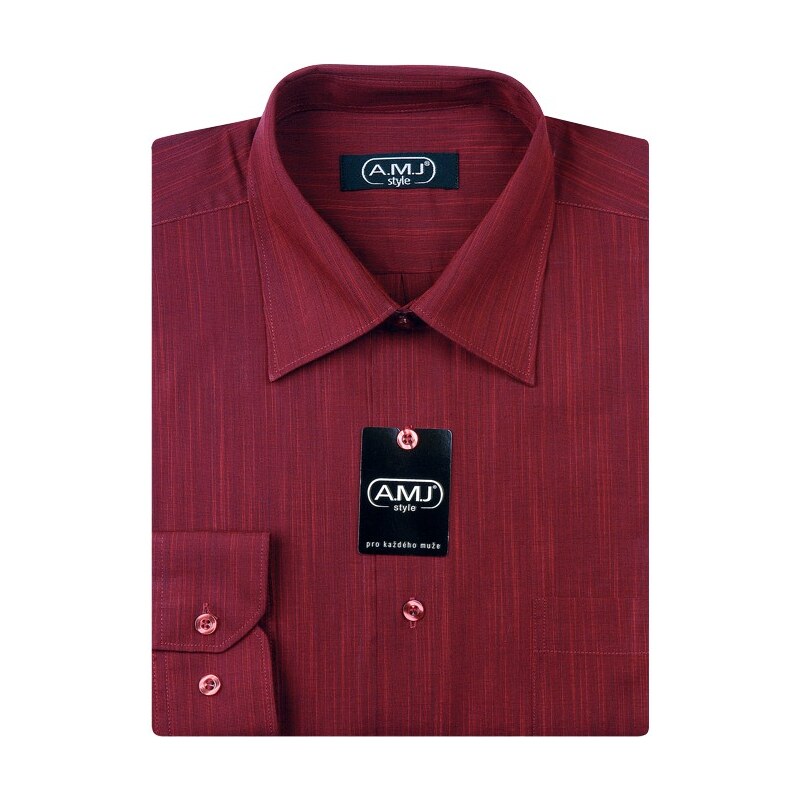 Pánská košile AMJ jednobarevná VD224, fil-á-fil, vínová, dlouhý rukáv
