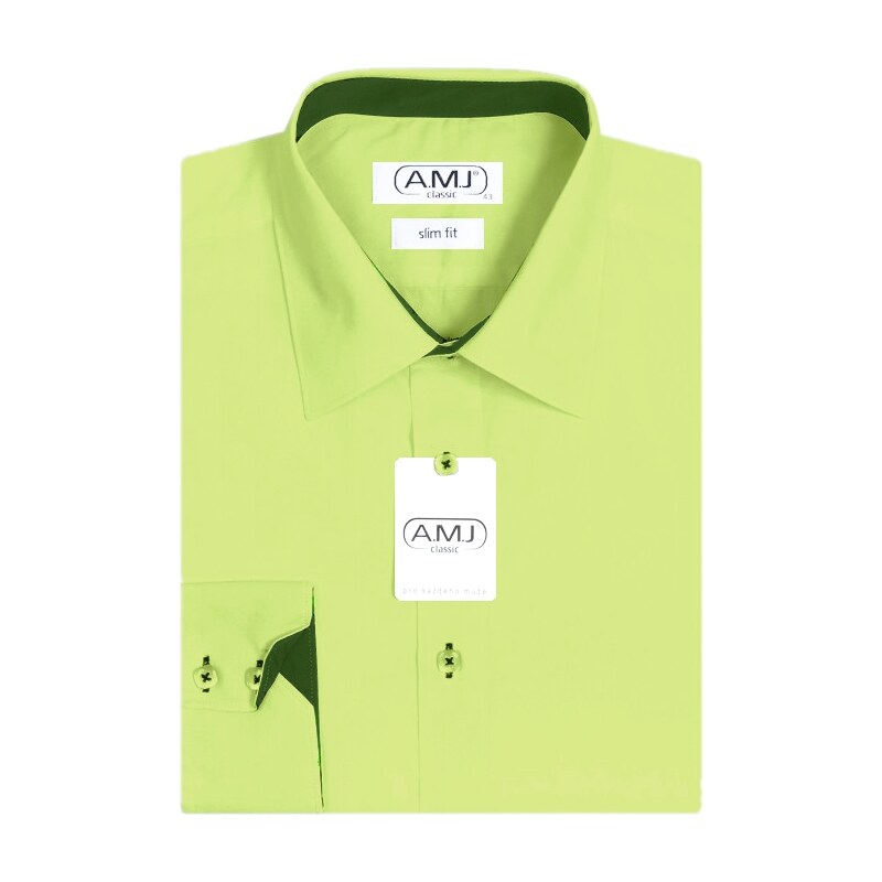 Pánská košile AMJ jednobarevná JDSR070, světle zelená, dlouhý rukáv, slim fit