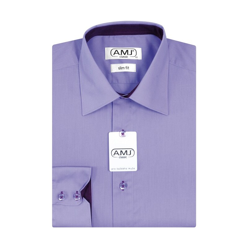 Pánská košile AMJ jednobarevná JDR062, fialová, dlouhý rukáv