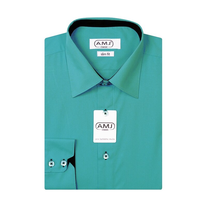 Pánská košile AMJ jednobarevná JDSR091, petrolejová, dlouhý rukáv, slim fit