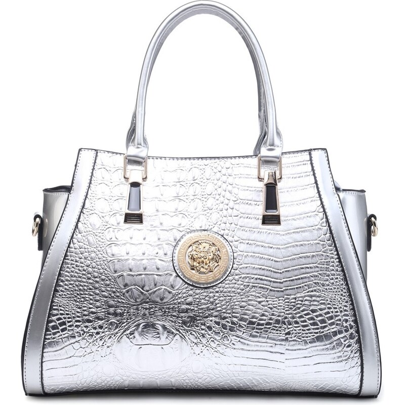Moda Handbag Stříbrná krokodýlí kabelka se lvím ornamentem K5717