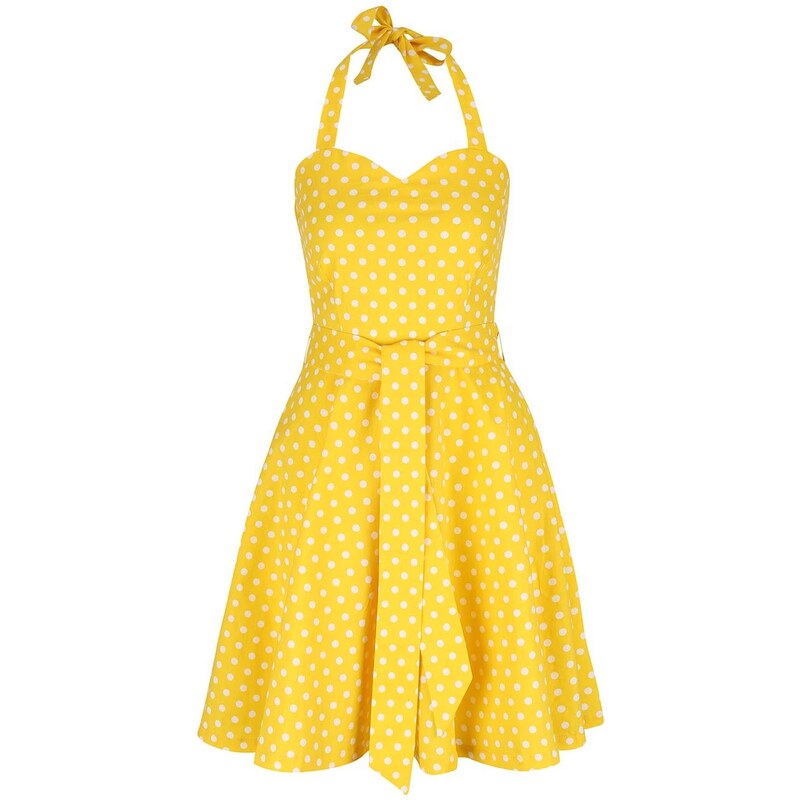 Žluté puntíkované šaty na zavazování za krk Dolly & Dotty Penny
