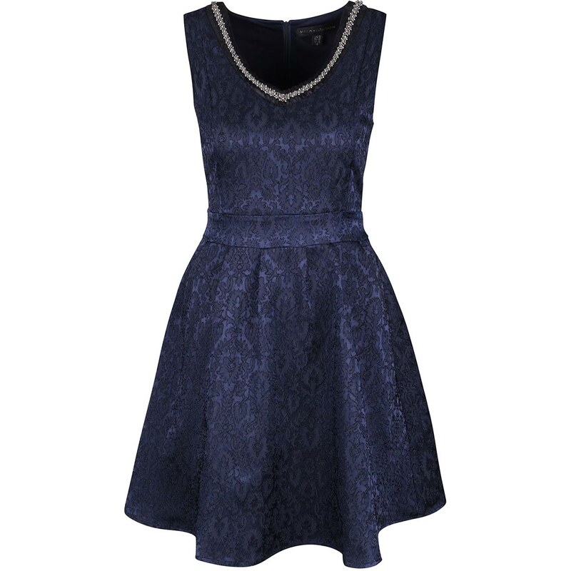 Tmavě modré vzorované šaty s ozdobným výstřihem Mela London
