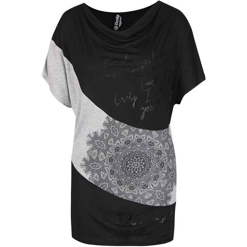 Šedo-černé volnější vzorované tričko Desigual Suiza