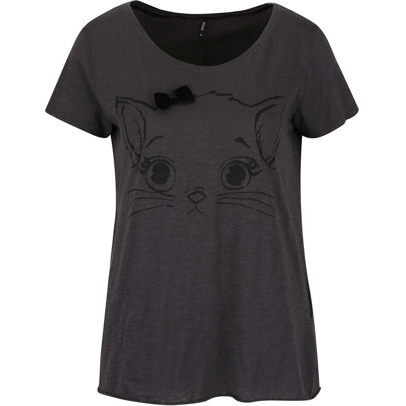 Tmavě šedé tričko s mašlí a motivem kočky ONLY Kaya