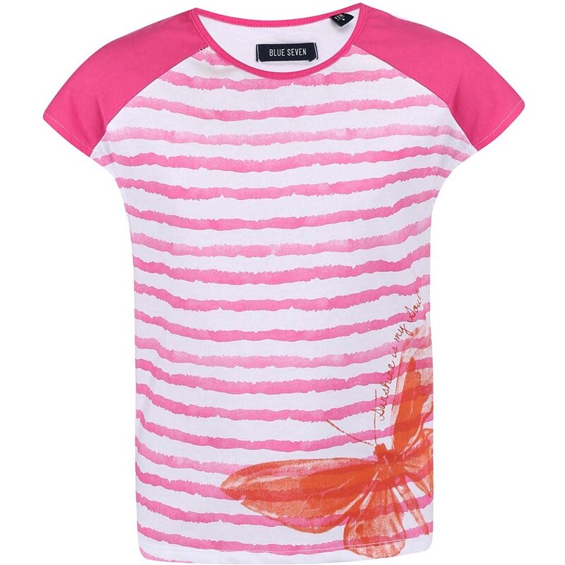 Bílo-růžové holčičí pruhované tričko s motýlem Blue Seven