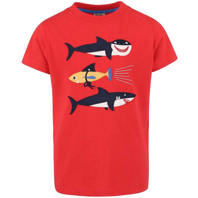 Červené chlapecké tričko se žraloky Frugi Stanley