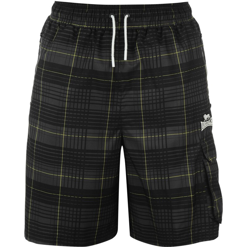 Lonsdale 2 Stripe Checked Shorts Mens, blk/white/lime