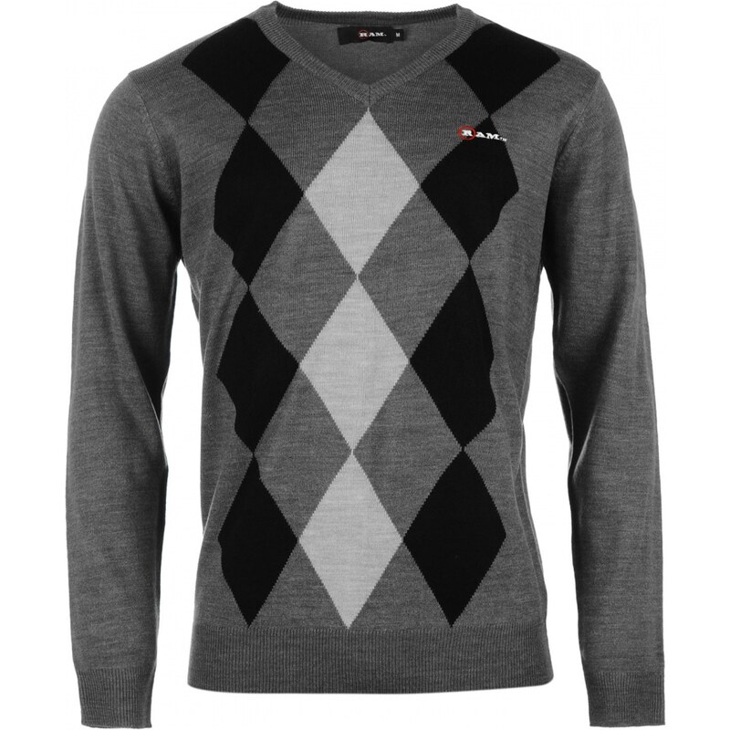 Ram V Neck Argyle Knit Jumper Mens, charcoal m/blk