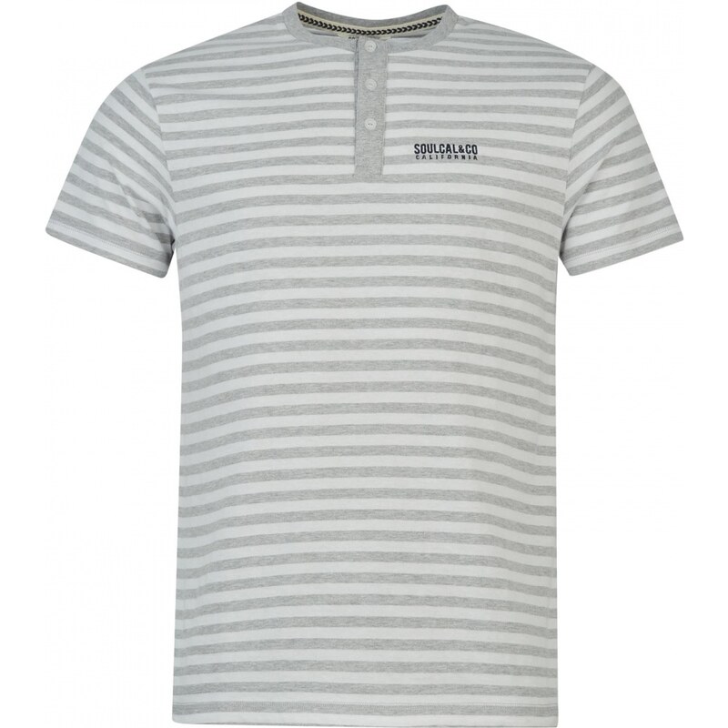 Soul Cal SoulCal Stripe Grandad Collar T Shirt, grey marl/white
