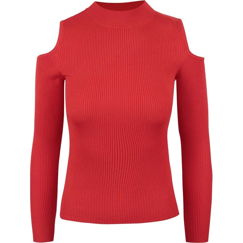 Červený žebrovaný svetr s odhalenými rameny Miss Selfridge