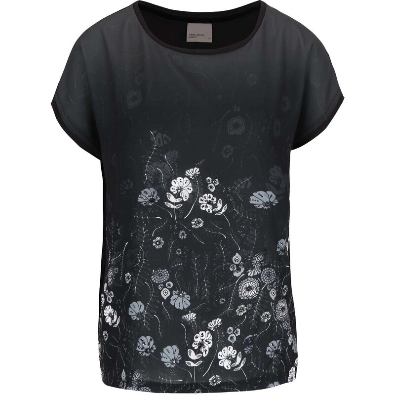 Černé tričko s potiskem květin VERO MODA Sia