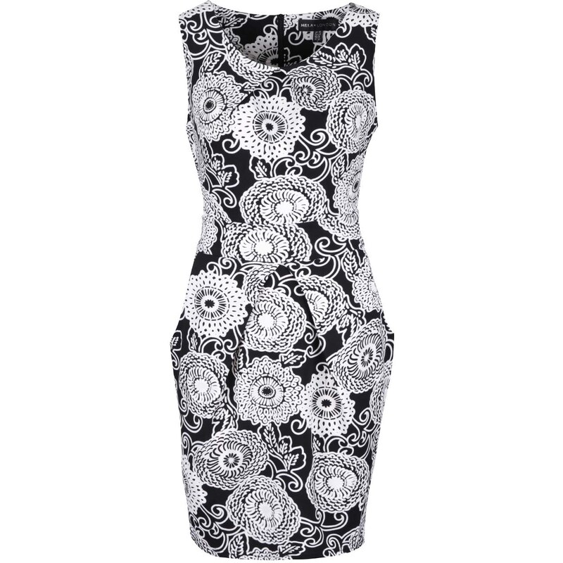 Černo-bílé vzorované šaty s kapsami a skládanou sukní Mela London