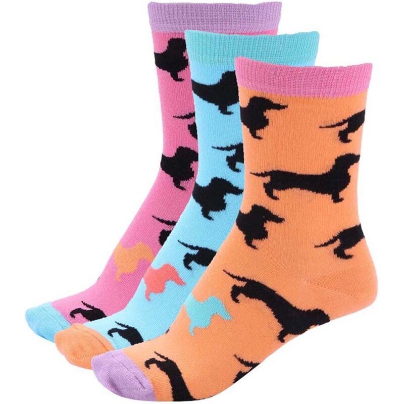 Sada tří dámských ponožek v tyrkysové a růžové barvě s jezevčíky Oddsocks Flo