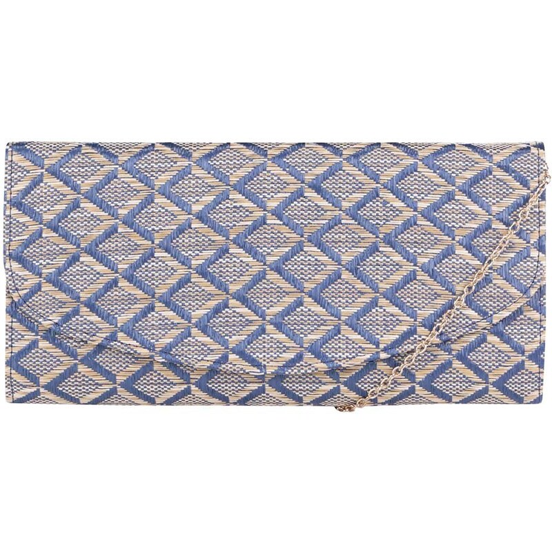 Modré psaníčko/kabelka s béžovými vzory a řetízkem ve zlaté barvě OJJU