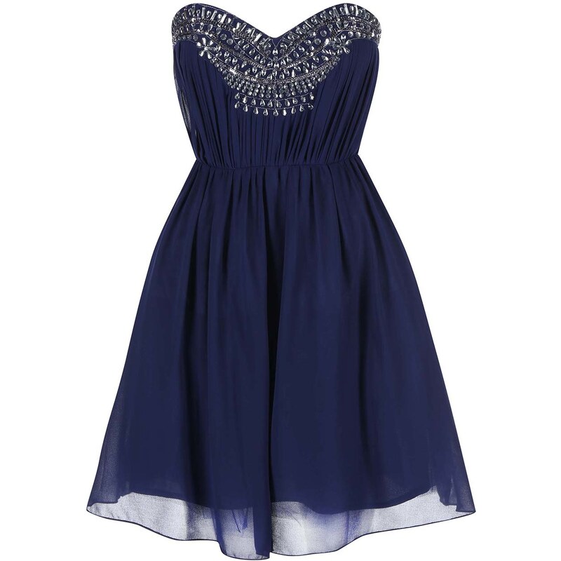 Modré šaty bez ramínek se zdobeným dekoltem Little Mistress