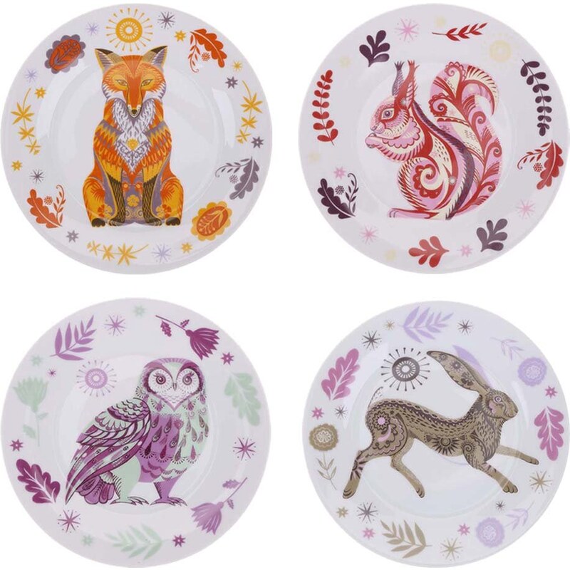 Bílý porcelánový set čtyř talířků s barevným vzorem lesních zvířat Magpie Sideplates