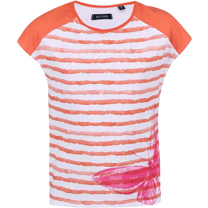 Bílo-oranžové holčičí pruhované tričko s motýlem Blue Seven