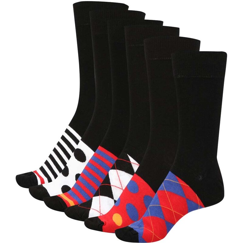 Sada šesti pánských v černé barvě vzorovaných ponožek Oddsocks