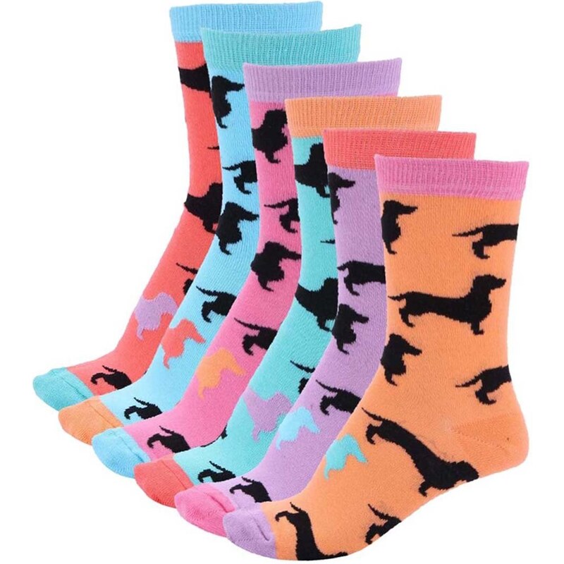Sada šesti dámských ponožek v tyrkysové a fialové barvě s jezevčíky Oddsocks Hotdog