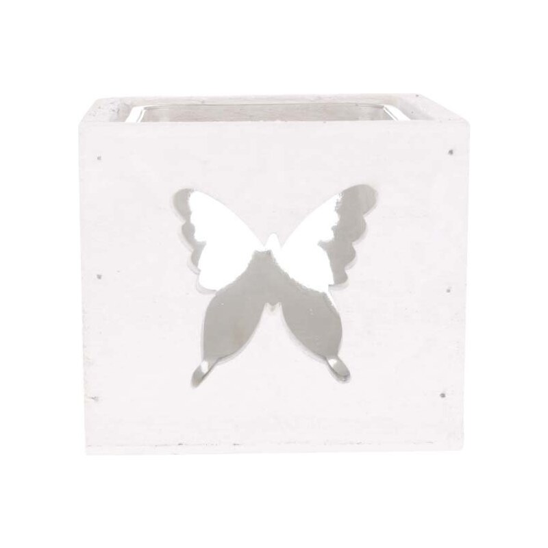 Krémový dřevěný svícen s vyřezanými motivy motýlů Dakls