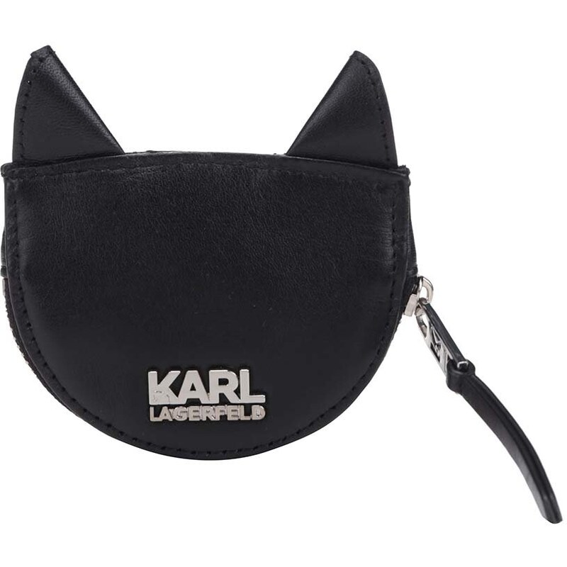 Černá kožená prošívaná peněženka na drobné ve tvaru kočky KARL LAGERFELD