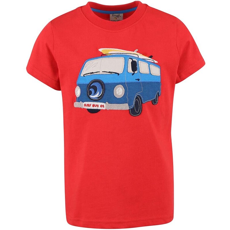 Červené chlapecké tričko s karavanem Frugi Wheels