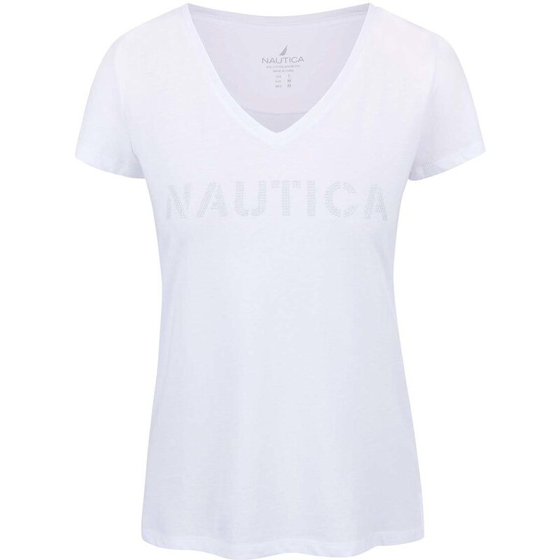 Bílé dámské tričko s véčkovým výstřihem a aplikací Nautica