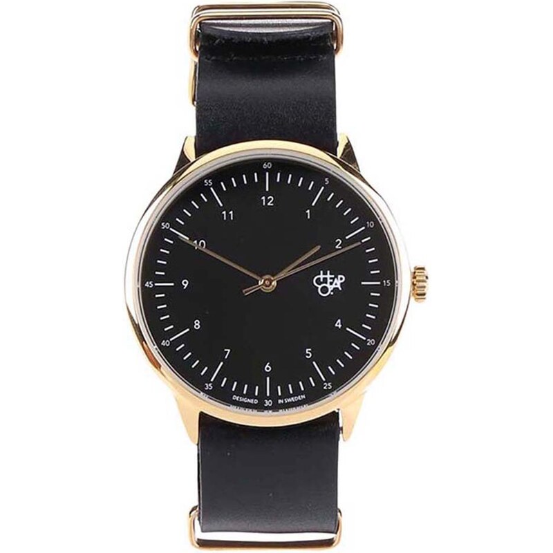 Unisex hodinky ve zlaté barvě s černým koženým páskem CHPO Harold Gold