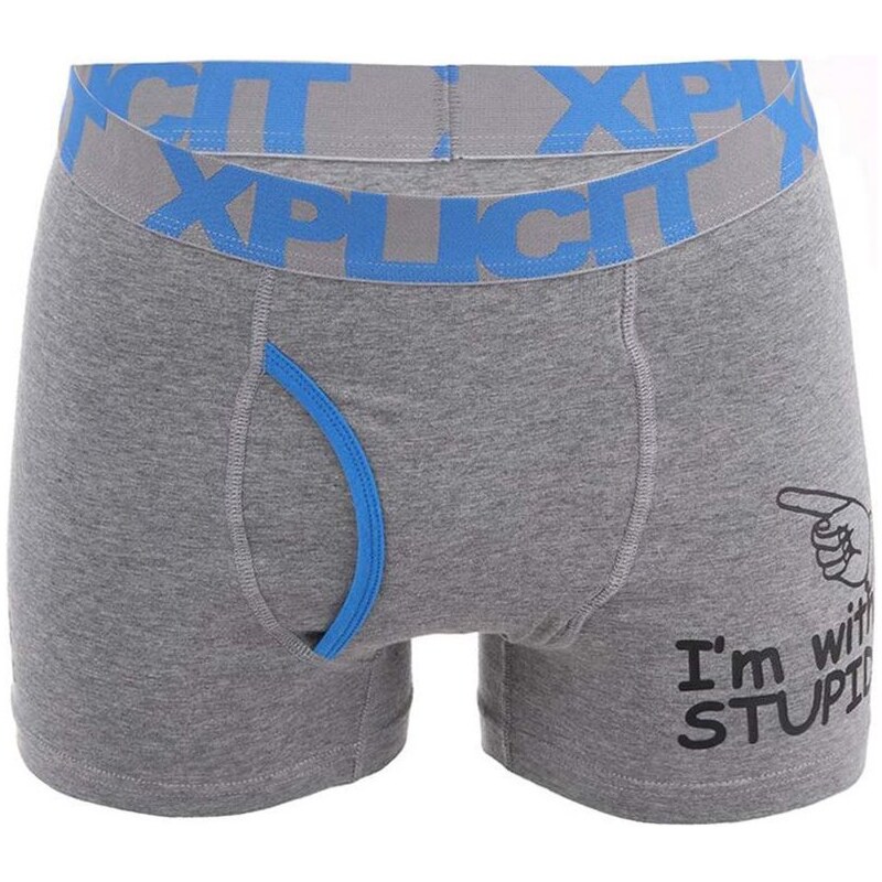 Modro-šedé pánské boxerky s nápisem Xplicit Stupid