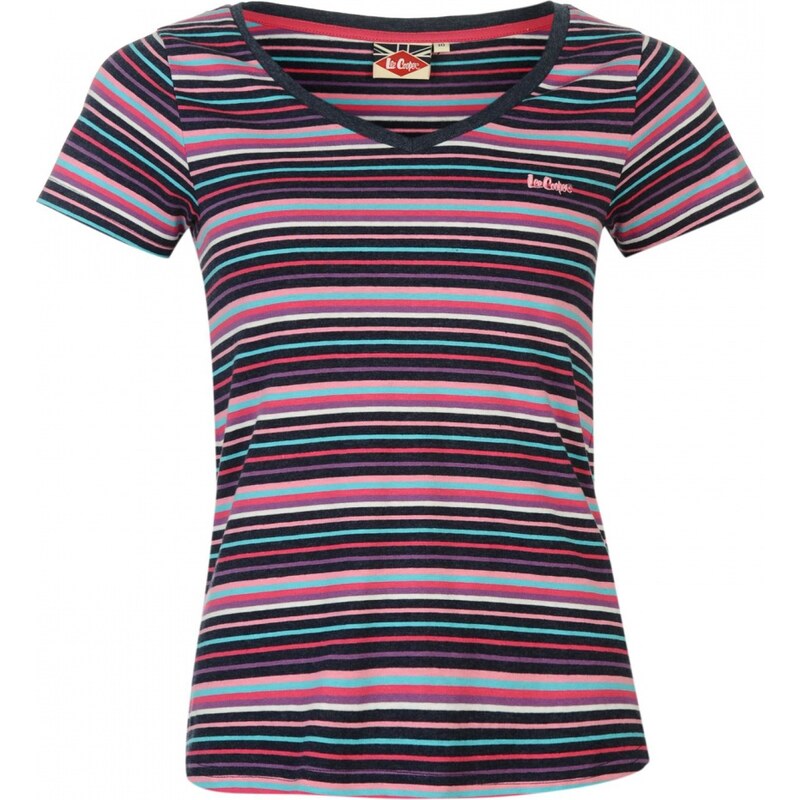 Lee Cooper Yarn Dye V Neck Tshirt Womens, denim/pink/turq