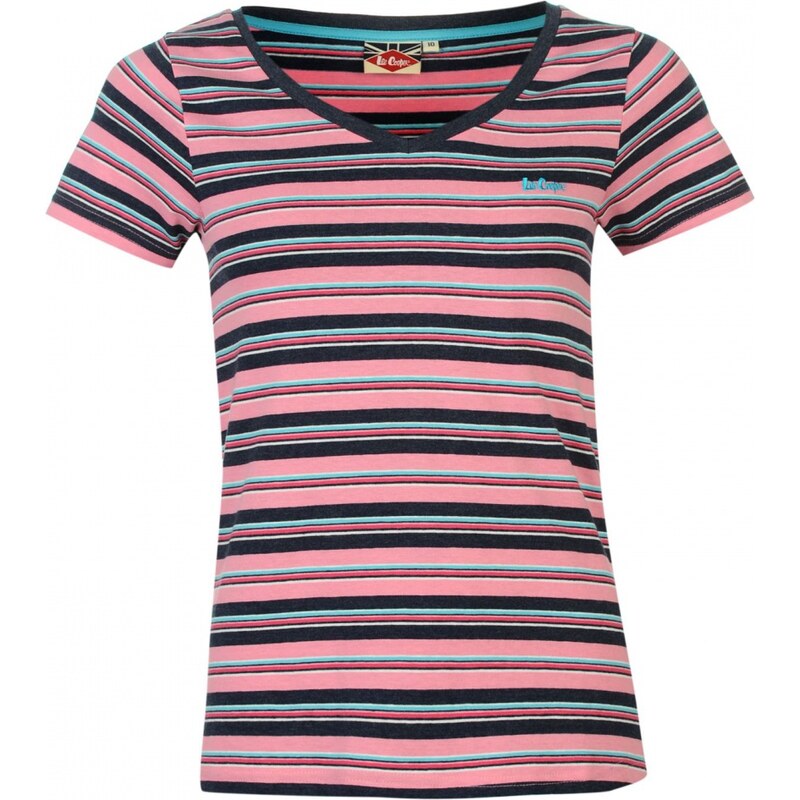 Lee Cooper Yarn Dye V Neck Tshirt Womens, denim/pink/turq