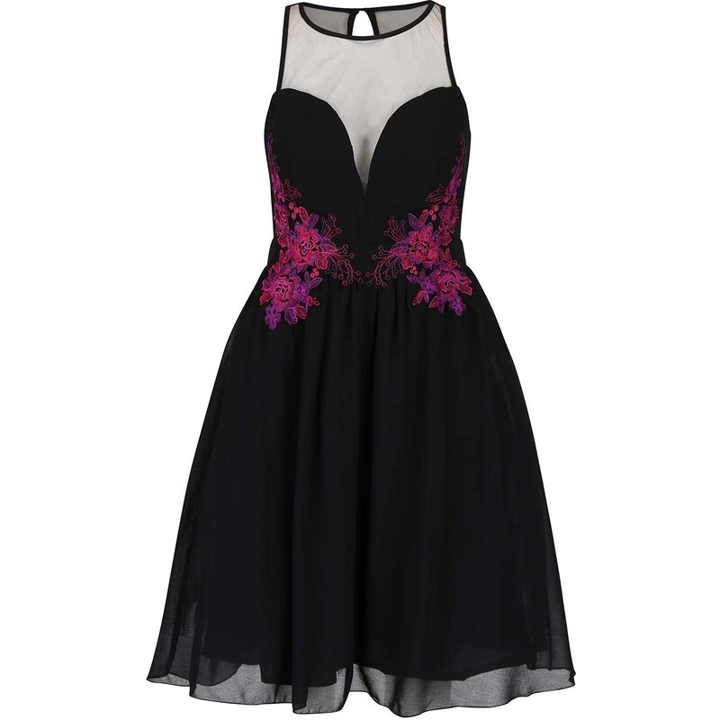 Černé šaty s fialovo-růžovou květinovou výšivkou Little Mistress