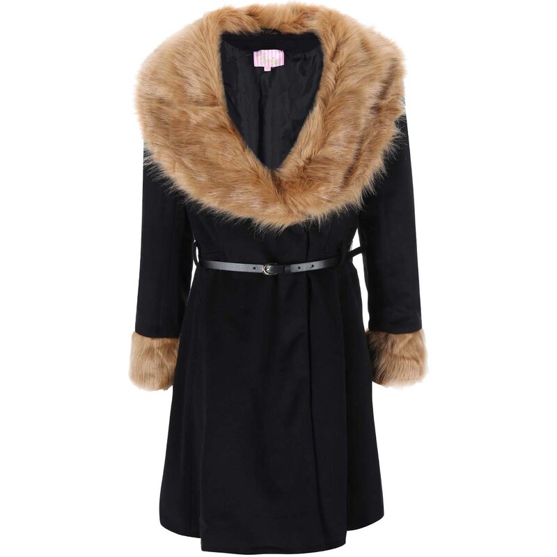 Černý kabát s kožíškem Lipstick Boutique Camilla